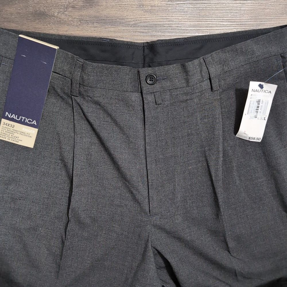 Nautica Pants Mens 34x32 Black Rigger Dress Slacks‎ Pleated Classic Performance